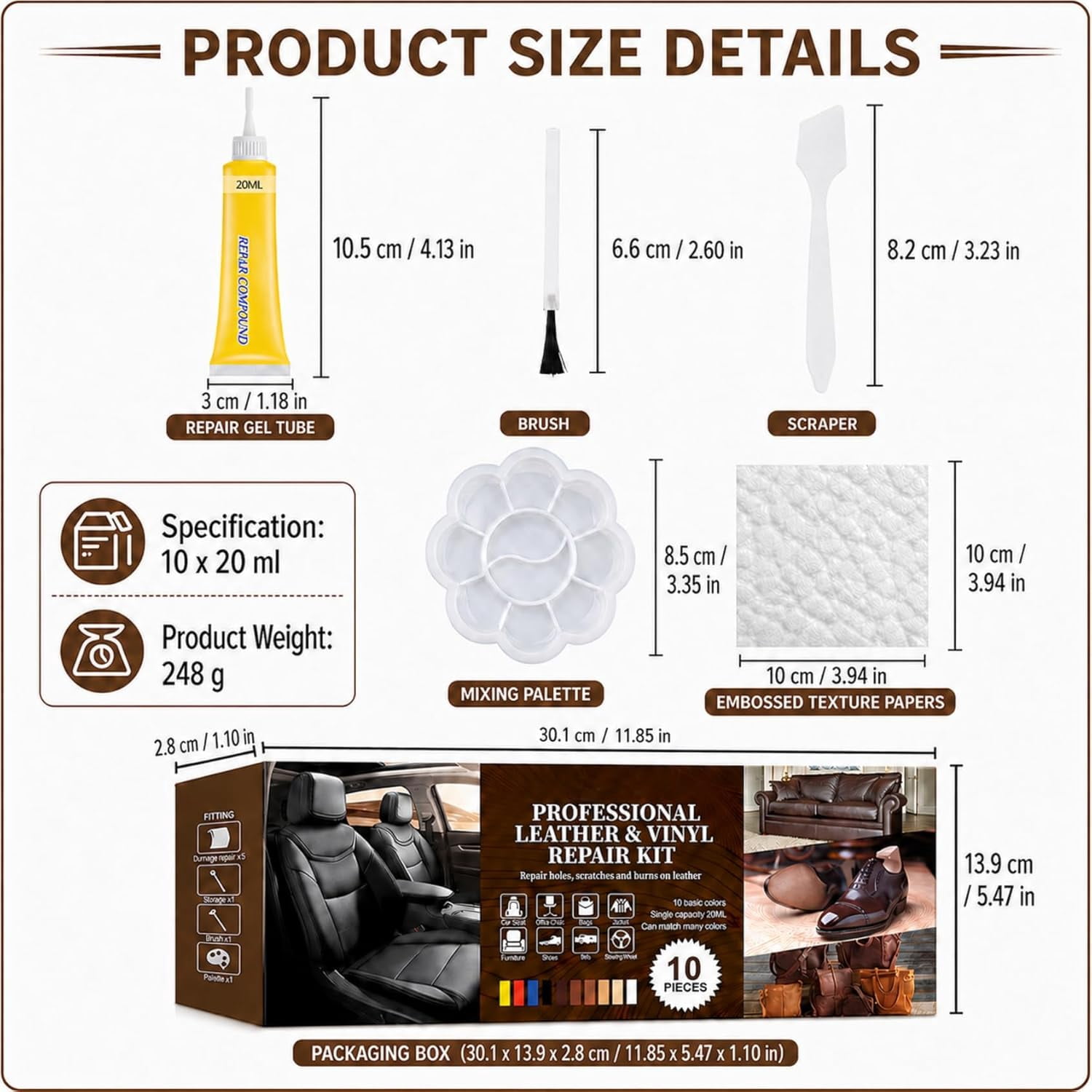 Leather and Vinyl Repair Gel Kit, 10 Color Options for Surface Restoration
