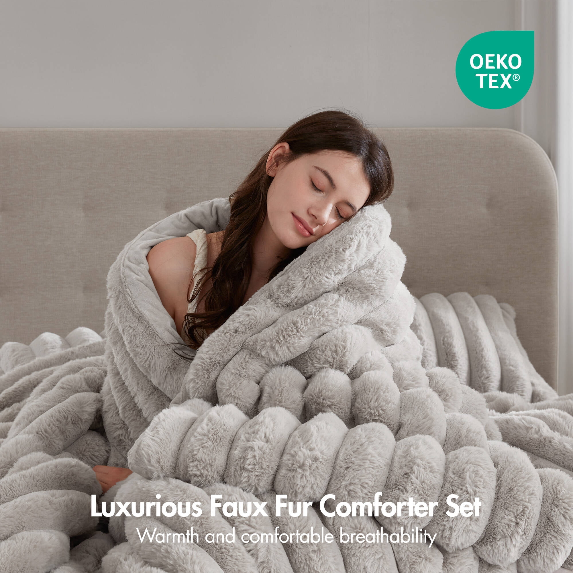 Regency Heights Full/Queen Size Comforter Sets, Light Gray Fluffy Ribbed Plush Bedding Set, 3-Piece Faux Fur Ribbed Bedding Comforter Set
