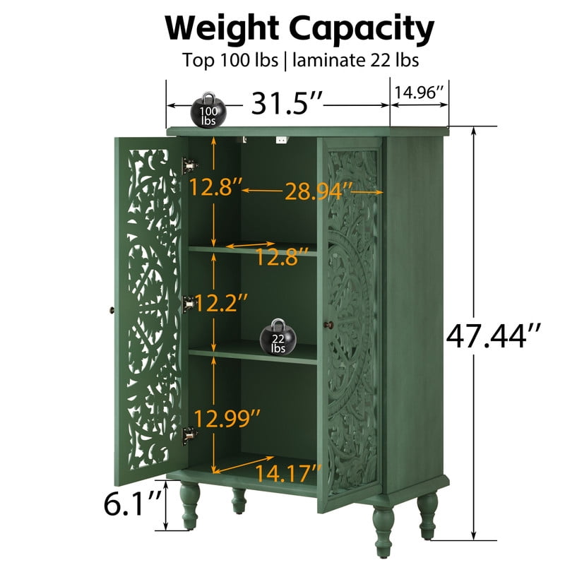 Freestanding Accent Storage Cabinet with Hollowed Out Carved Double Door, Farmhouse Display Buffet Chest with Adjustable Shelf