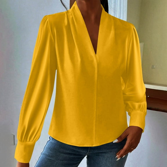 Womens Dressy Satin Blouses Long Sleeve V Neck Shirts Solid Color Business Casual Work Office Fall Tops (XL, Yellow)