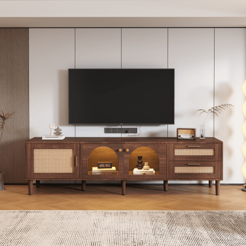 Dtwnek TV Stand for TVs up to 80", Entertainment Center with LED Lights and 2 Drawers and Glass Door, Media Console for Living Room