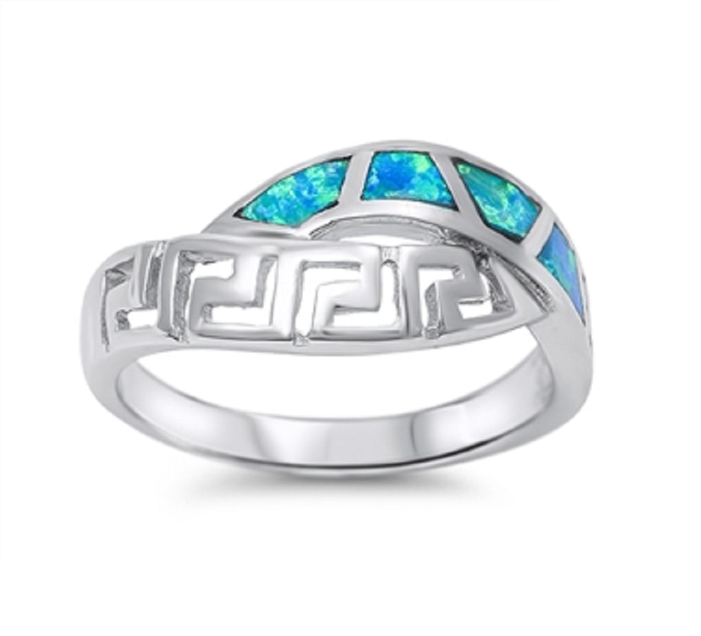 Irregular Shapes & Greek Pattern Infinity Bind Ring Blue Simulated Opal ...