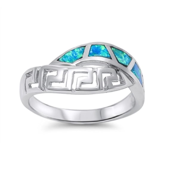 Irregular Shapes & Greek Pattern Infinity Bind Ring Blue Simulated Opal Sterling Silver Size 7
