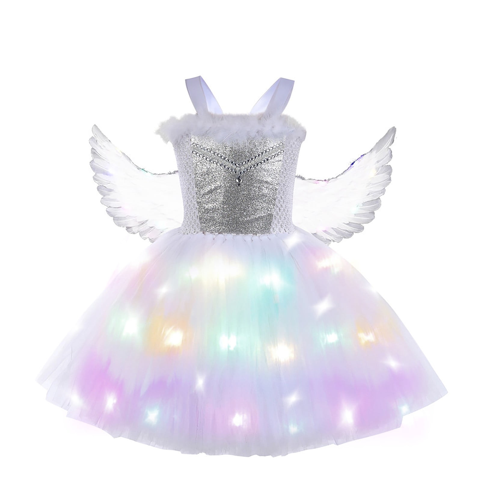Mercatoo Kids Girls 𝐕alentine's Day Princess Dress Light Up Tutus LED Lights Stage Show 𝐂ostume with Wing Set Birthday Dress