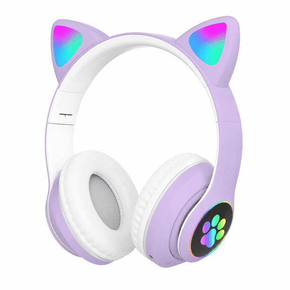 LUEYL Cat Ear Bluetooth Headphones for Kids Girls - Wireless Headset w/Mic, 94dB Volume Limit, LED Lights, Foldable, for School/Travel Purple