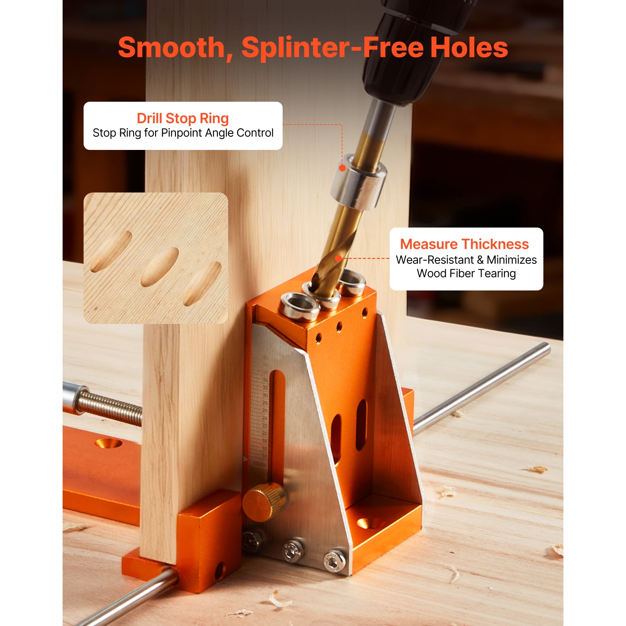 KFFKFF Adjustable Pocket Hole Jig Kit, Compatible with 1/2 to 1-1/2 Inch Materials, Includes Toolcase, C-Clamp, Step Drill, Hex Wrench, Drill Stop Ring, Square Drive Bit, Durable Metal Frame