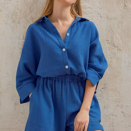 

Casual Sleepwear Cotton Pajamas For Women Sets Suit Turn-Down Collar Nine Quarter Sleeve Sleep Tops Shorts Female Homewear