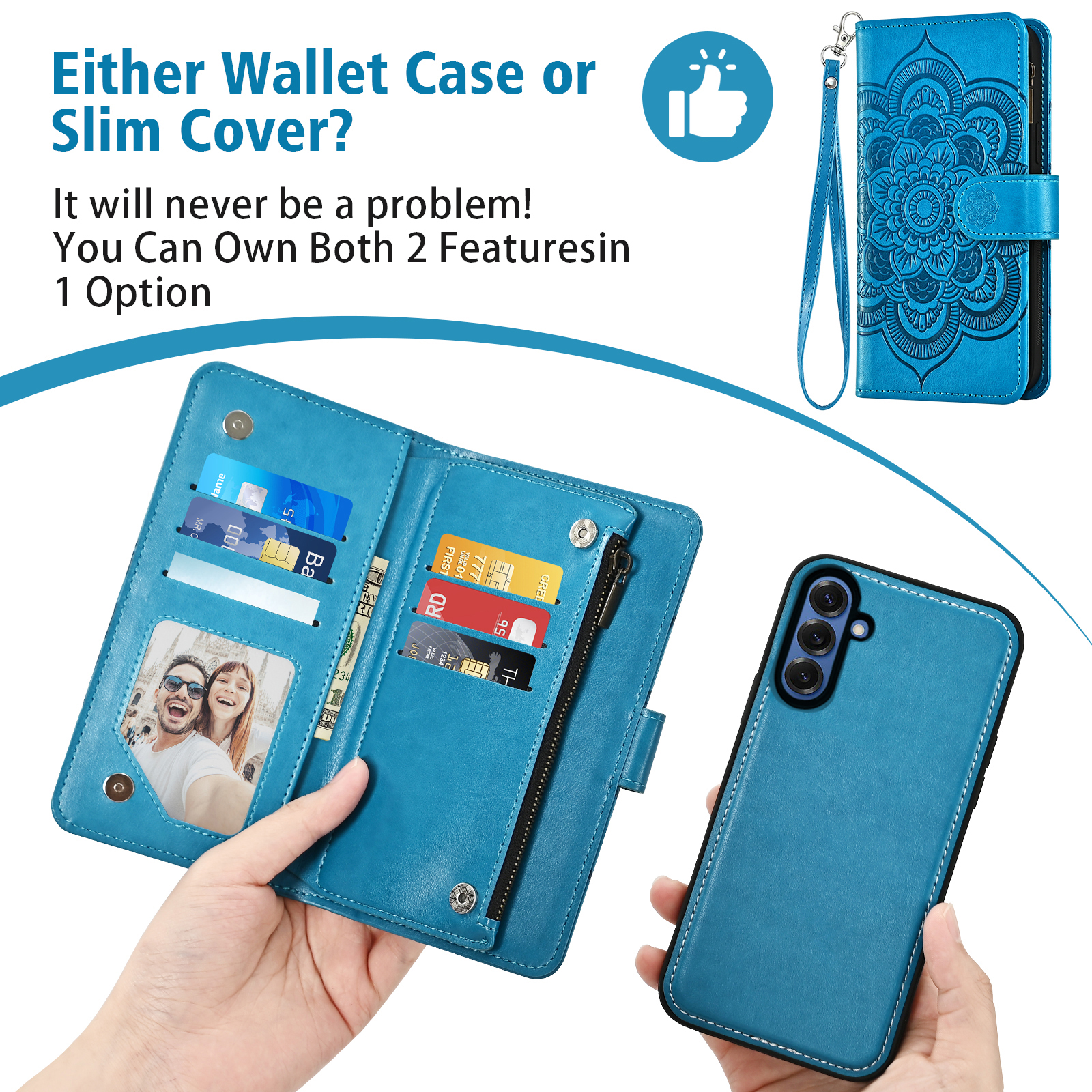 Asuwish Phone Case for Samsung Galaxy S25 5G Zipper Wallet Magnetic Detachable Cell Cover with Tempered Glass Screen Protector Crossbody Strap Flower Card Holder Slot S 25 25S G5 Women Girls Blue