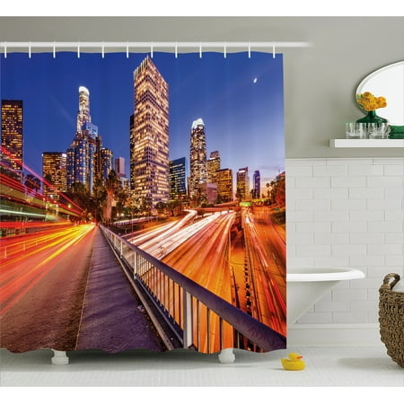 Night Shower Curtain Usa Downtown City Skyline Over The Highway