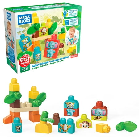 Mega Bloks First Builders Safari Friends with Big Building Blocks, Plant-Based Building Toys for Toddlers (30 Pieces)