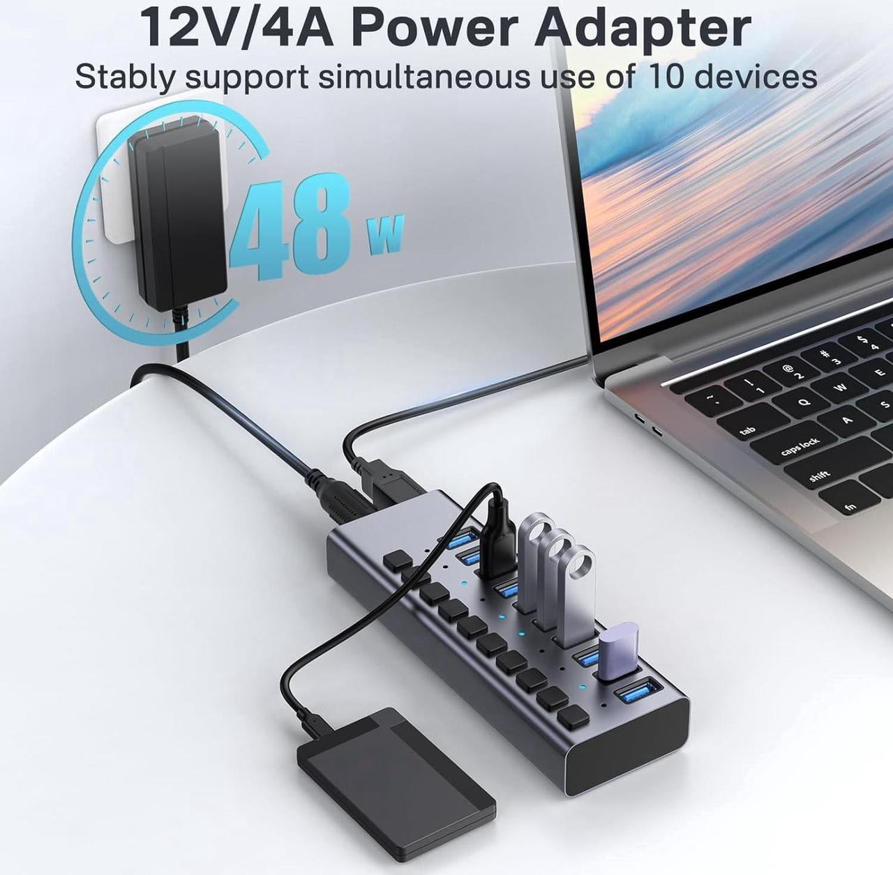 Powered USB Hub,10 Ports USB 3.1 Hub with 10Gbps Data Speed, Individual On/Off Switches, 12V4A 48W Power Adapter, USB Hub 3.1 Powered for MacBook, Mac Pro/Mini, Surface Pro Laptop/PC