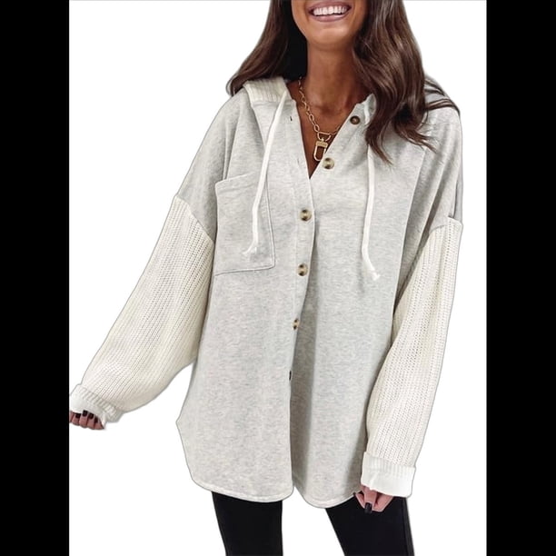 Sudadera Holgada de Larga para Mujer, Informal, con Botones y Capucha, con Bolsillo. Flor Gris XL