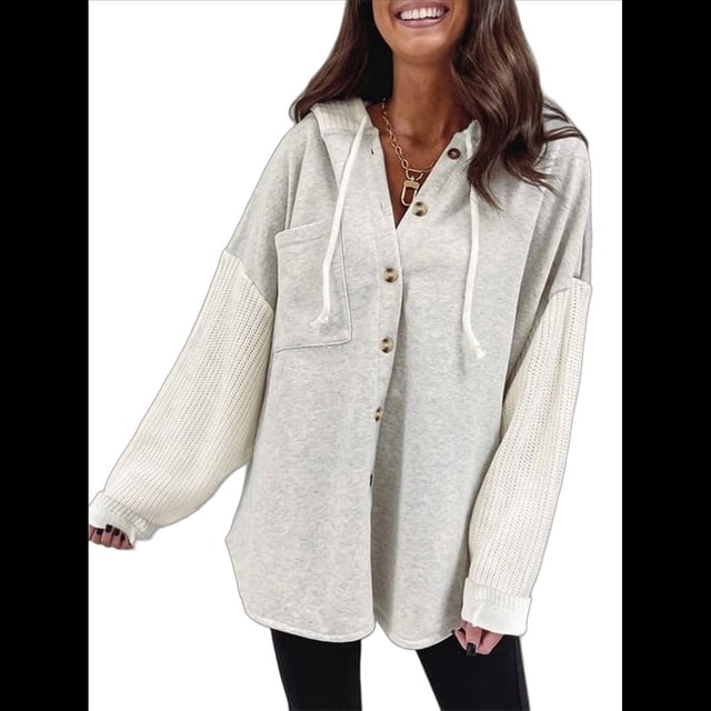 Sudadera Holgada de Larga para Mujer, Informal, con Botones y Capucha, con Bolsillo. Flor Gris XL