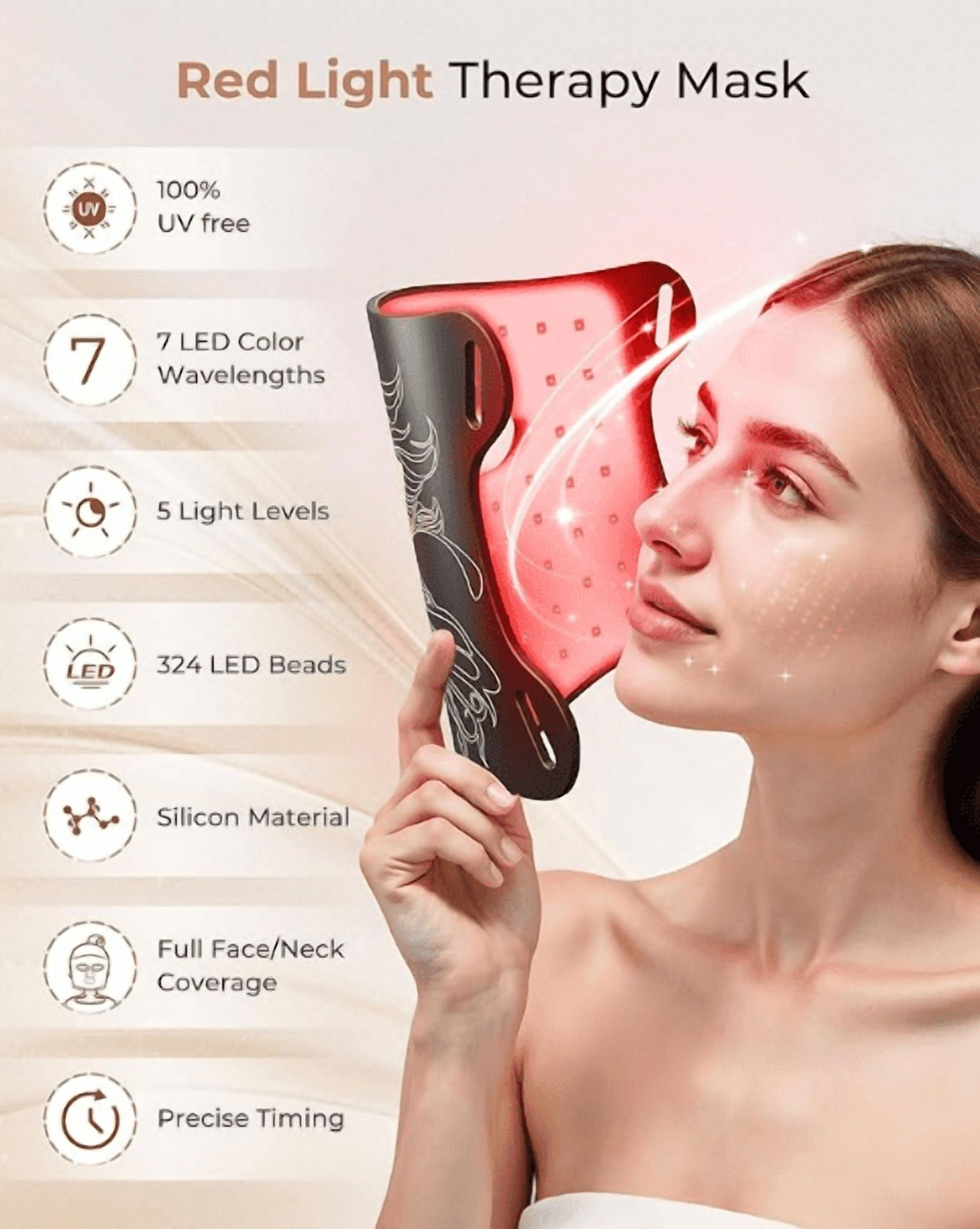 CNV  LED Light Therapy mask Red Light Therapy for Face and Neck, 7 Colors Red Light Therapy Mask, Led Face Mask Light Therapy with 324 LED, 5 Brightness Levels & 20 Mins Timer for Home & Travel