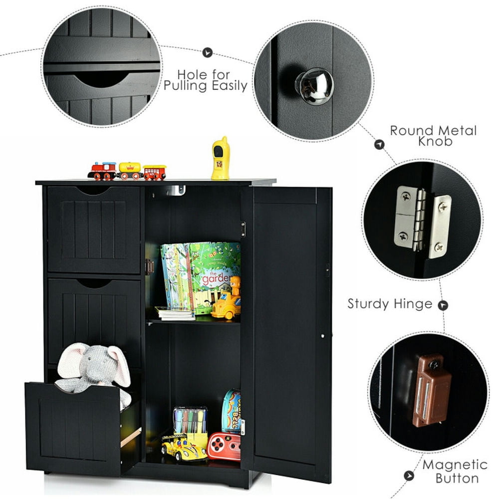 Finihen Storage Cabinet, Floor Cabinet, Bathroom Floor Cabinet Side Storage Cabinet with 3 Drawers and 1 Cupboard, for Bathroom, Living Room, Bedroom, Kitchen, Black