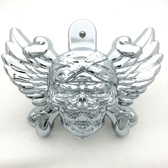 HTT-MOTOR Motorcycle Chrome Skull Zombie with Wing Cross Bone Horn Cover For 1992-2005 2006 2007 2008 2009 2010 2011 2012 2013 2014 2015 Harley Davidson with Side Mount "Cowbell" and all V-rod's