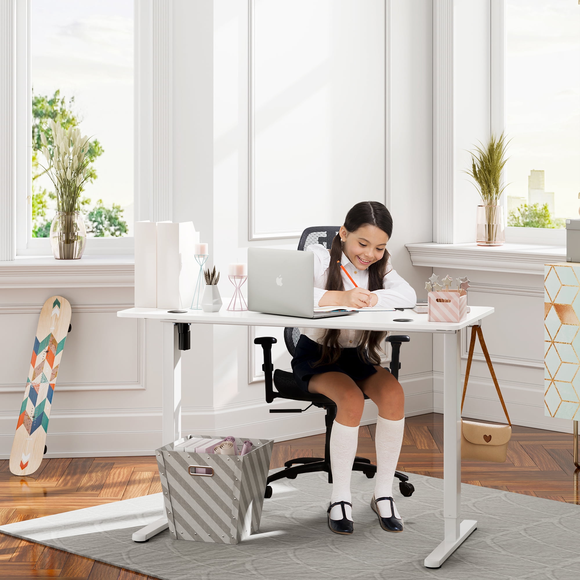 Walsunny Electric Standing Desk, Adjustable Height Gaming Desk, 47.2 x 23.6 Inches Ergonomic Stand Desk with Electric Lift, Home Office Desk with White Frame/White Top
