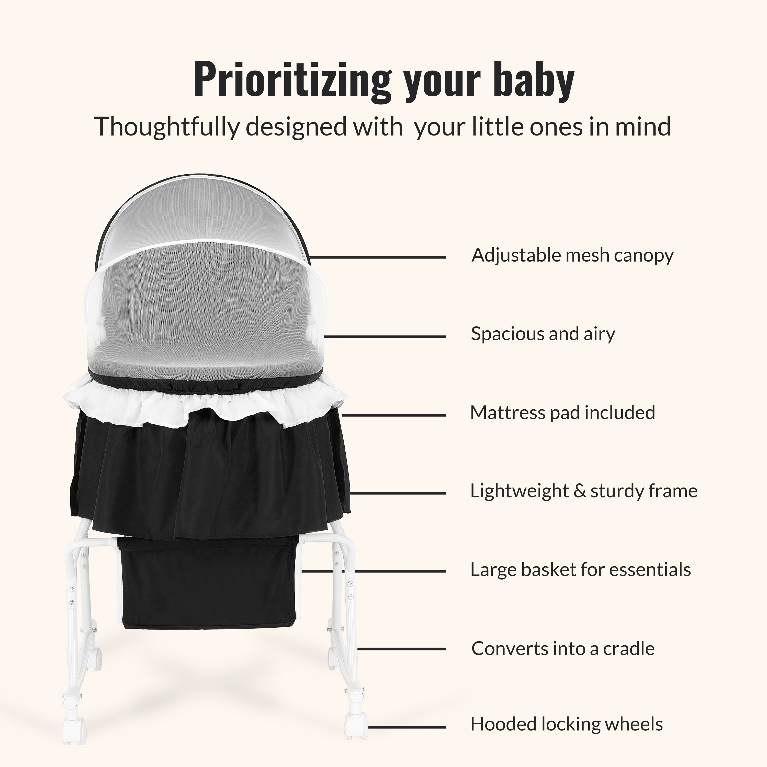 Dream On Me Lacy Portable 2-in-1 Bassinet & Cradle in Black, Lightweight Baby Bassinet