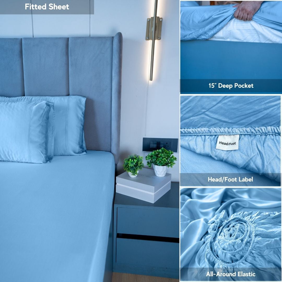 Home Prides Queen Bamboo Sheets Set - 100% Bamboo Viscose, Silky Soft Cooling & Breathable Bamboo Bed Sheets, 4-Piece, 15” deep Pocket, Oeko-Tex Certified, Frosted Blue