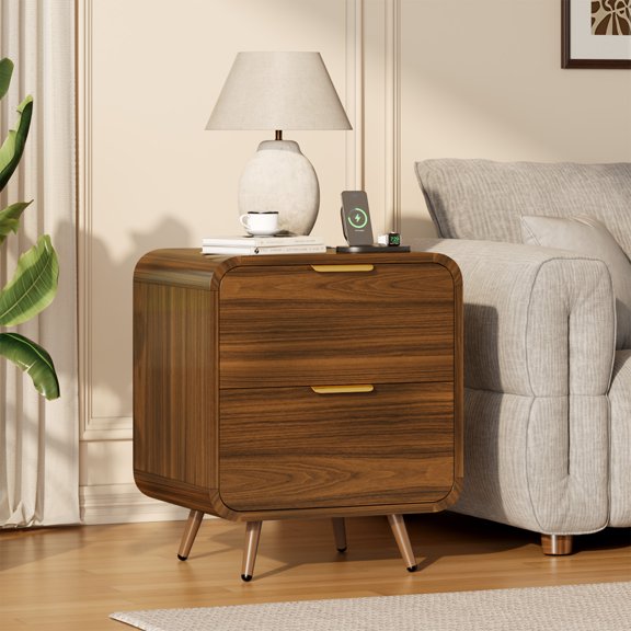 Holliwill Nightstands with Charging Station, Modern Bedside Table End Table with 2 Drawer for Bedroom Living Room, Walnut