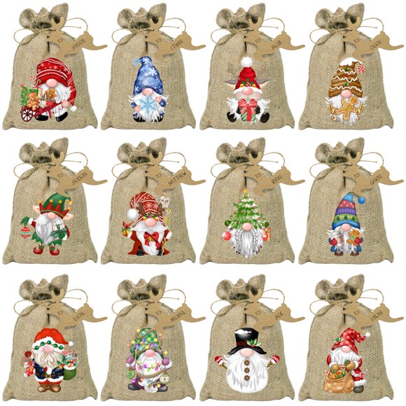 Paños de Regalo Navideños de Arpillera BORAMDO 24 piezas, 12 Diseños de Duendes