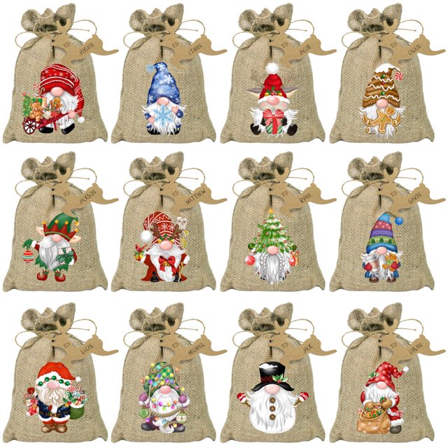 Paños de Regalo Navideños de Arpillera BORAMDO 24 piezas, 12 Diseños de Duendes
