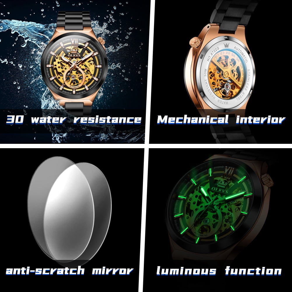 OLEVS Skeleton Watches for Men Luxury Dress Automatic Self Winding Mechanical Gold Plated Stainless Steel Waterproof Luminous Business Men Wrist Watch Reloj Para Hombre