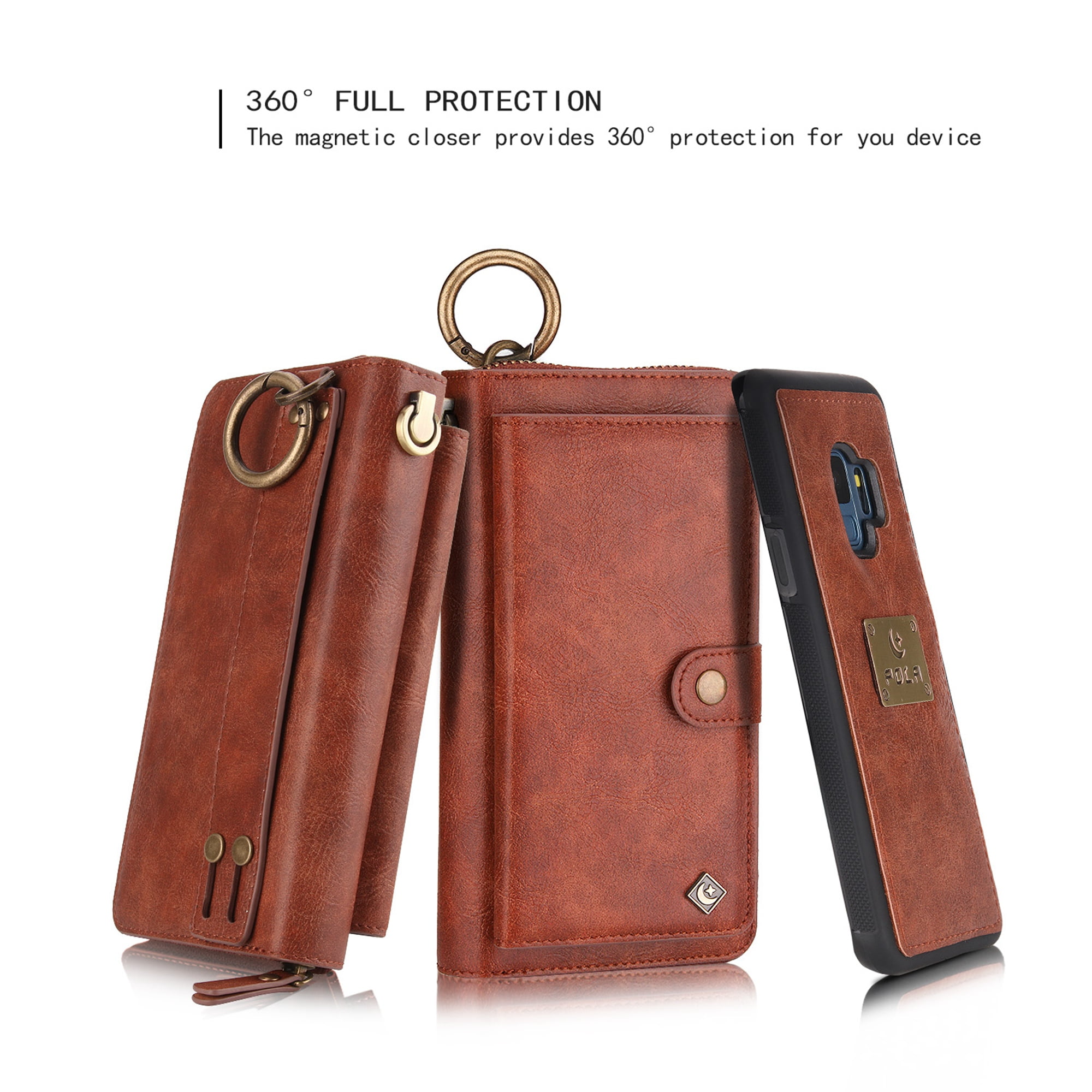 Galaxy S9 Wallet Detachable Case, Dteck [wrist band][14 Card Slots] Zipper Purse Phone Case Multi-functional Folio Flip PU Leather Removable Magnetic Back Cover For Samsung Galaxy S9,Brown
