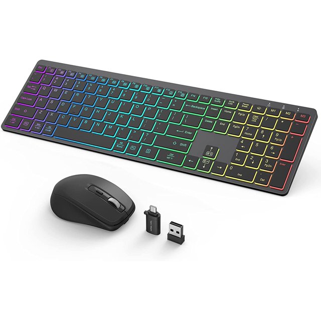 RGB Backlit Wireless Keyboard and Mouse, Rainbow Backlight Keyboard with 3 Modes, Jiggler DPI Mouse, Type-C Rechargeable, 2.4G USB Cordless Keyboard and Mouse for Mac, Windows, Laptop, PC