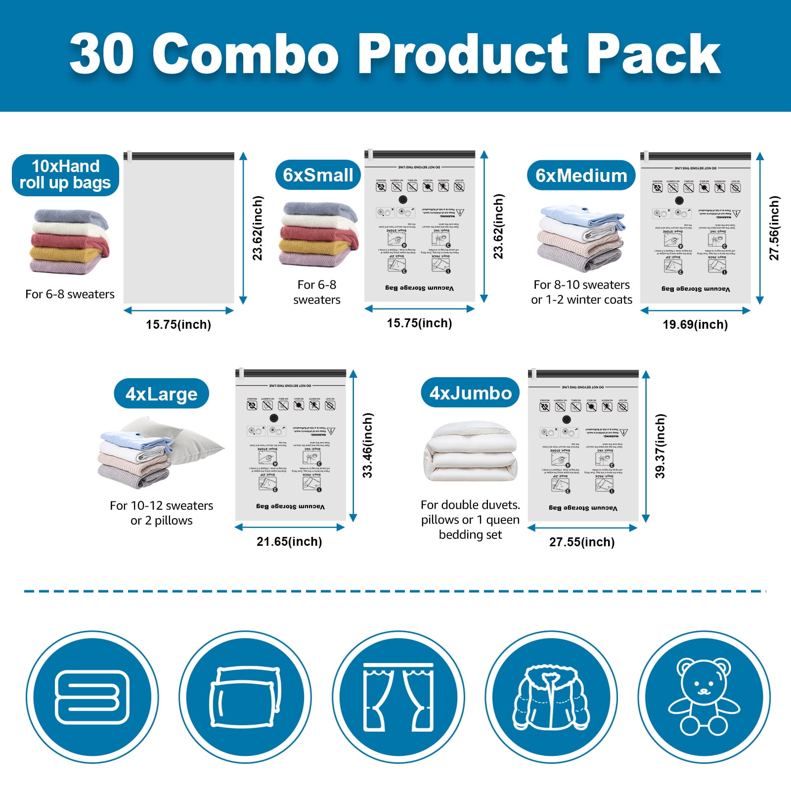 Cubepoint 30 Pack Vacuum Storage Bags Space Saver Vacuum Bags (4 Jumbo/4 Large/6 Medium/6 Small/10 Roll) for Comforters, Blankets, Clothes, Travel Compression, Space Bags