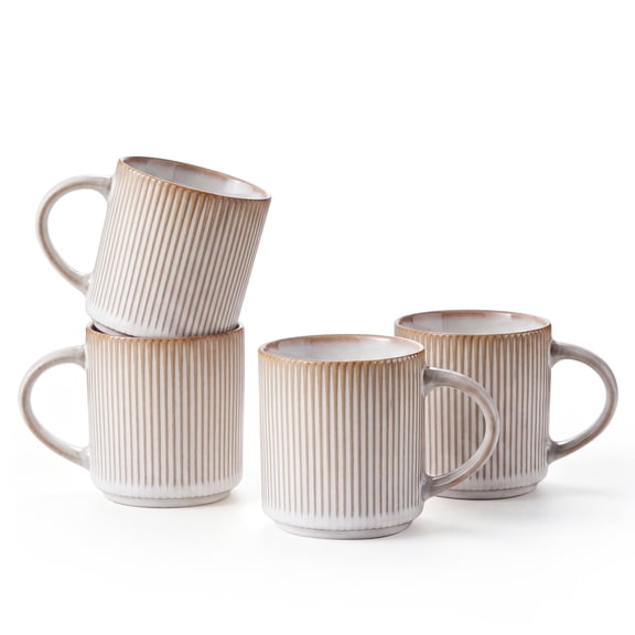 Onader 4-Pieces Coffee Mugs Set, Water Cups with Large Handle, 12 oz Ceramic Mugs Suitable for Tea Milk Latte, Stain-Resistant & Microwave Safe, Beige