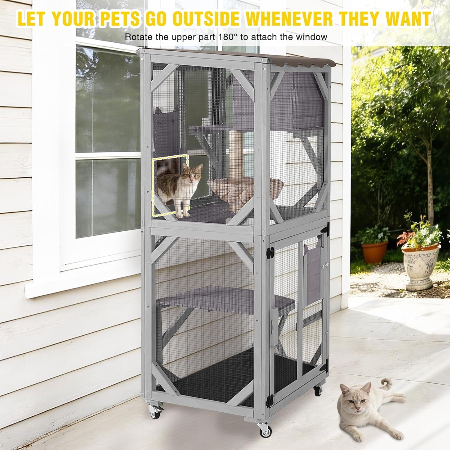 Aivituvin Catio Outdoor Cat Enclosure with Wheels, Outdoor Cat House with Weatherproof Roof, 3 Platforms, Large Window Catio Portable Cat Cage Indoor for 2-3 Cats, 23.4" D x 24.5" W x 62.8" H - Grey