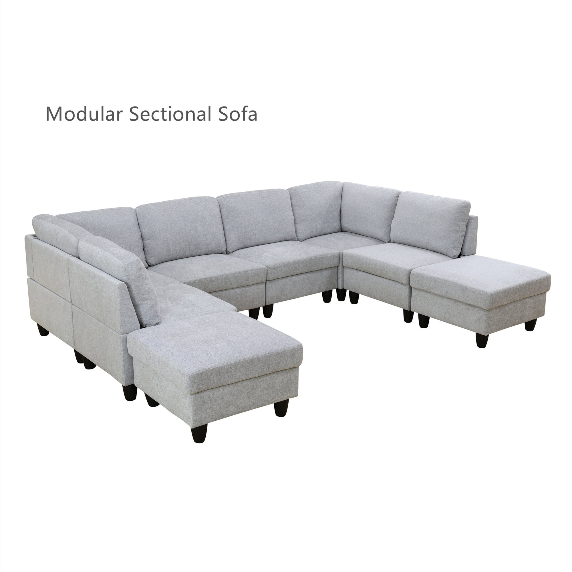 Aukfa Modular Sectional Couch Set - Square Sofa Ottoman- Flannel - Gray