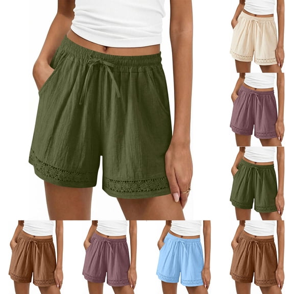 Frostluinai Casual Linen Shorts for Women Drawstring Elastic Waist Hollow Out Embroidery Gauze Shorts Summer Comfy Lounge Short with Pocket Beige S