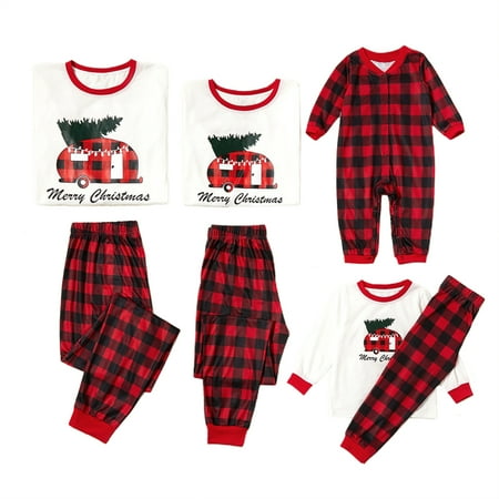 

Mioliknya Family Matching Christmas Pajamas Long Sleeve Pattern Printed Tops+Elastic Plaid Pants/Romper Outfits