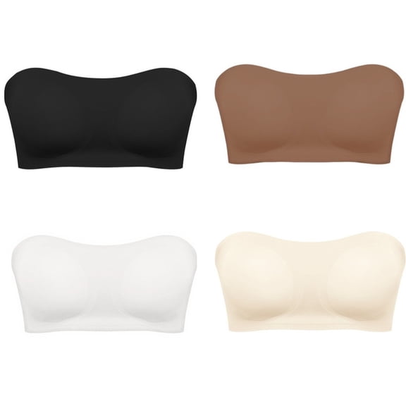 4-Pack Women's Strapless Push Up Bandeau Bra Non-Slip Wireless Padded Seamless Comfort Tube Bra