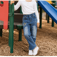 thumbnail image 3 of KIDSCOOL Girls Embroidered Jeans,4-15T Ribbed Elastic Waist Denim Pants,Blue,7-8 Years, 3 of 7