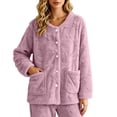 thumbnail image 3 of Women's Sleepwear Cardigan, Fleece Long Sleeve Button Front Jacket with Pockets, Warm Lounge Sleep Top, Cozy Home Indoor Wear | VerBelle,Hot Pink XL, 3 of 9