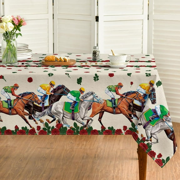 Kentucky Derby Rectangular Tablecloth 60×84 Inch, Horse Racing Washable Table Cover for Party Picnic Dinner Decor