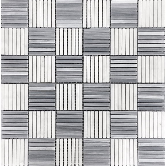 5 pack Gray and White 12 in. x 12 in. Square Sticks Polished Bardiglio Nuvolato, Bianco Carrara marble Mosaic Tile (5.00 sq. ft./Case)