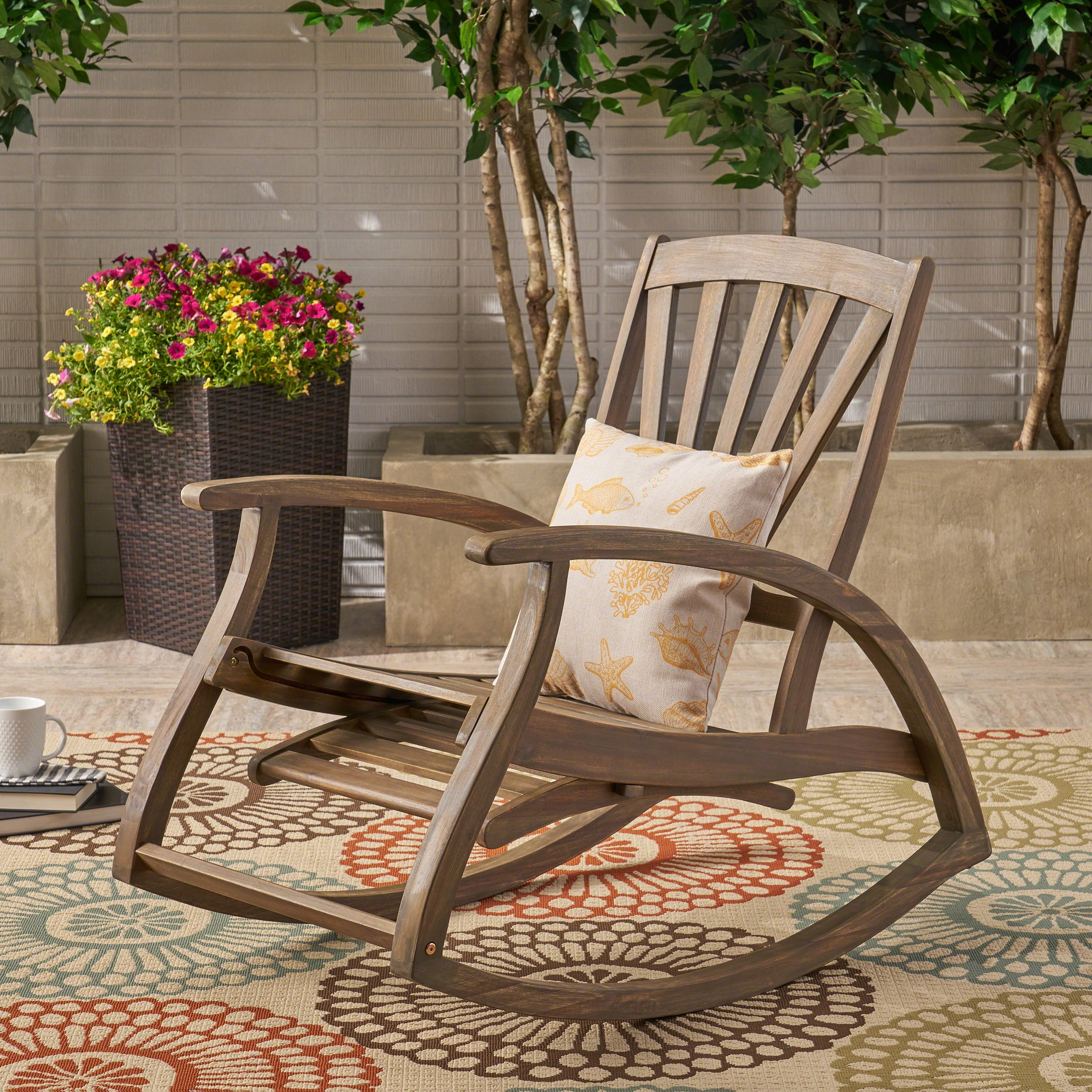 Outdoor Rocking Chair, Acacia Wood Frame with Retractable Footrest for Patio Garden, Gray