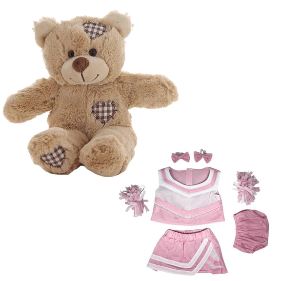 New Brown Patches Bear 8-Inch Stuffed Toy with Pink and White Cheerleader Uniform - Includes Top, Skirt, and 2 Pom Poms - Cute Cheerleading Plush Gift for Kids