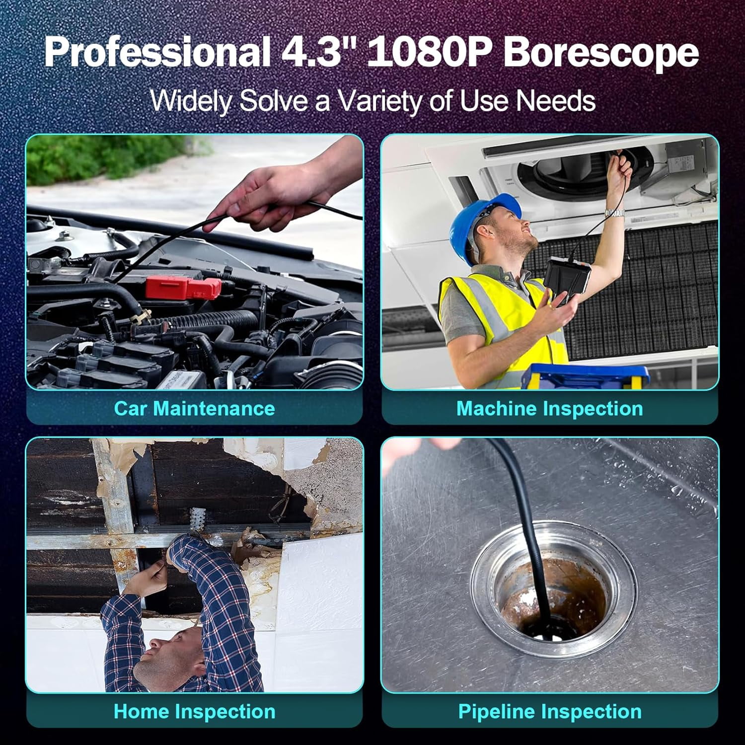 Binazon Dual Lens Borescope Camera With 32GB Card, Industrial Endoscope, 4.3" LCD Screen, 16.5ft 2000mAh