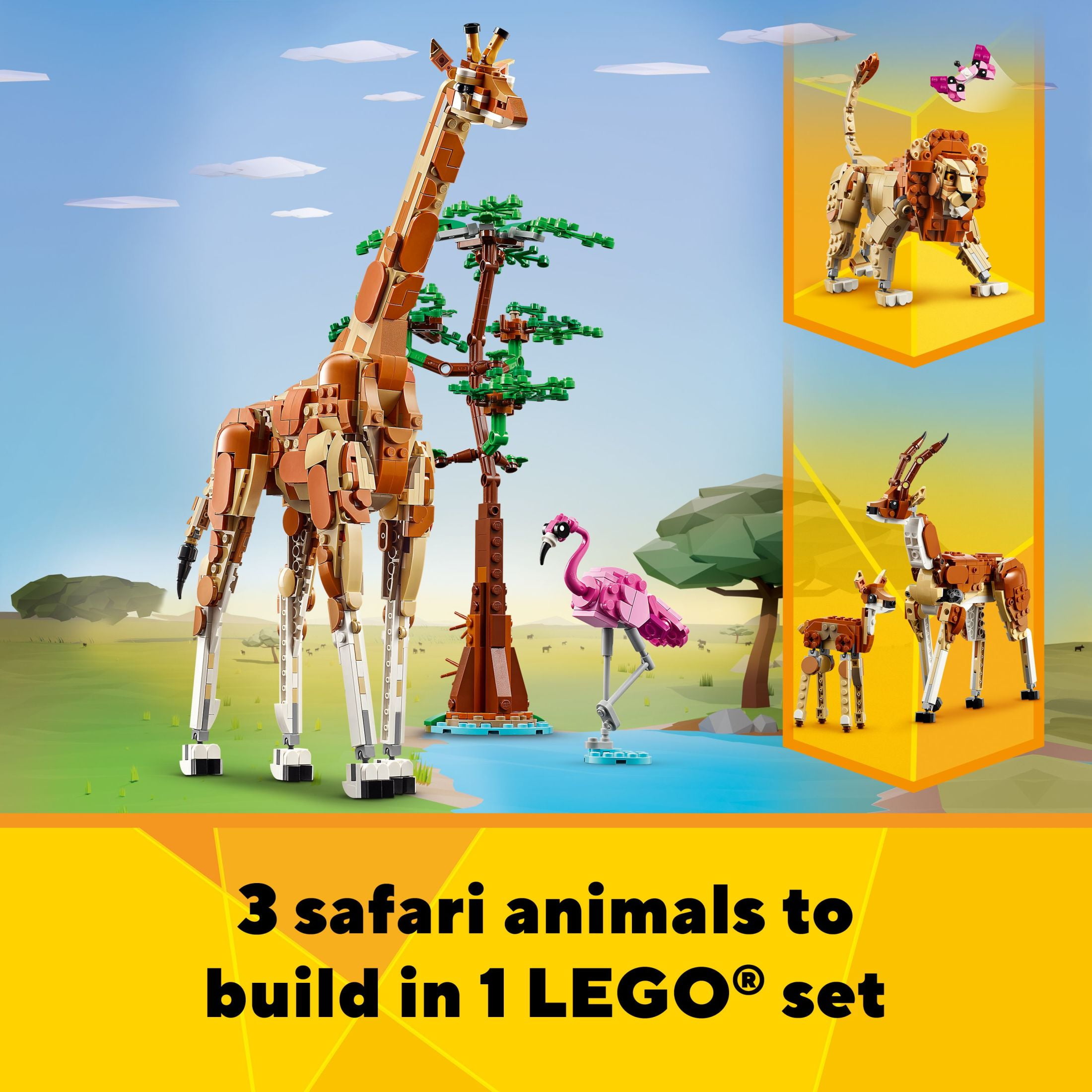 LEGO Creator 3 in 1 Wild Safari Animals Rebuilds into 3 Different Safari Animal Figures Giraffe Toy Gazelle Toy or Lion Toy Nature Toy Building Set for Kids Ages 9 Years