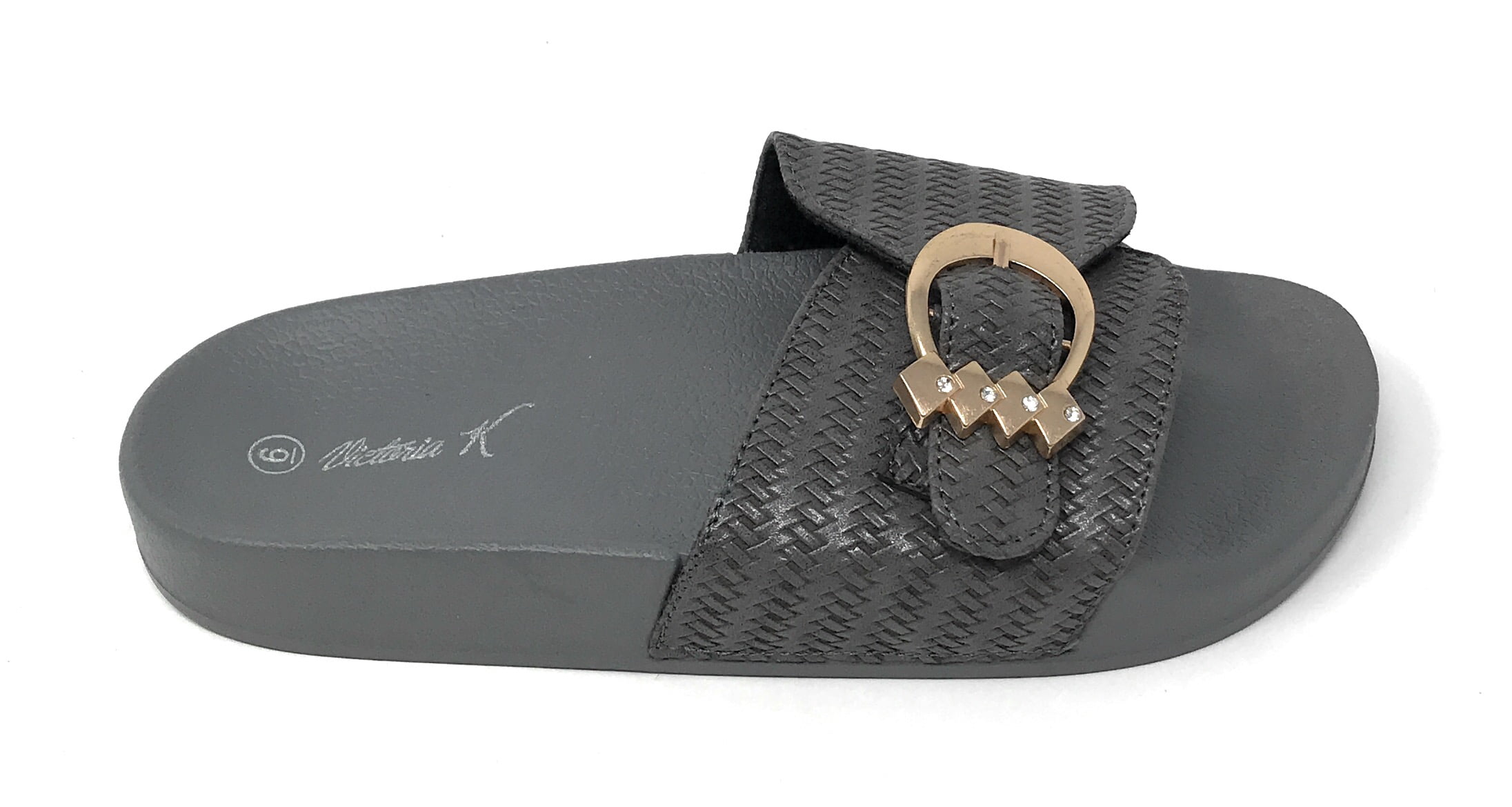 Victoria K Women's Weaved Texture Gold Buckle Slider Sandals