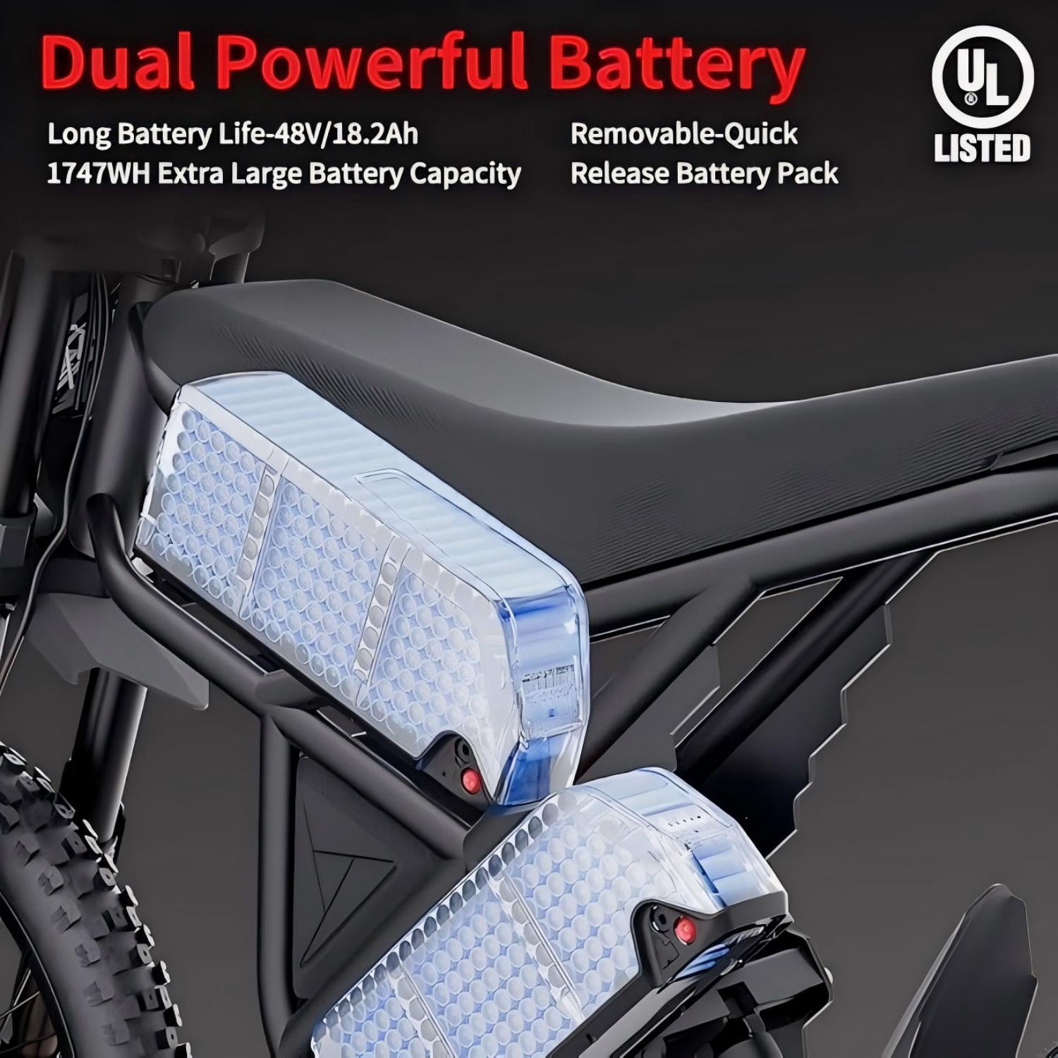 Ridingtimes GT73 Electric Dirt Bike for Adults 2400W Electric Bike with 48V 18.2AH*2 Removable Batteries 37MPH/85Mile Range 25" x2" Motorcycle Tires Dual Hydraulic Brakes & Full Suspension UL2849 MTB