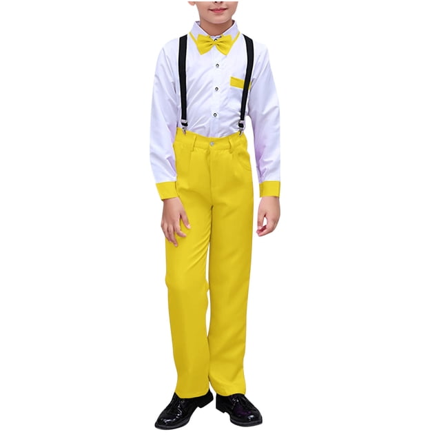 Mgmyaa Tenues d'Été pour Enfants Robe à Manches Courtes avec Chemise à Col et Nœud Papillon Bretelles Tenues Formelles pour Mariage Concours Performance