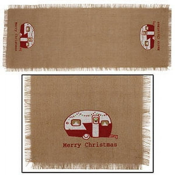 Burlap MERRY CHRISTMAS Camper Trailer Table Runner, 13" x 36"