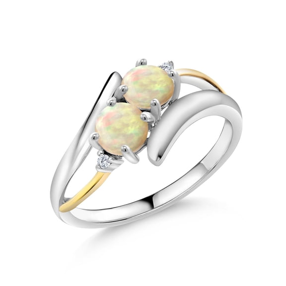 Gem Stone King 0.62 Ct Round Cabochon White Ethiopian Opal 925 Silver and 10K Yellow Gold Lab Grown Diamond Two Stone Crossover Ring (Size 5)