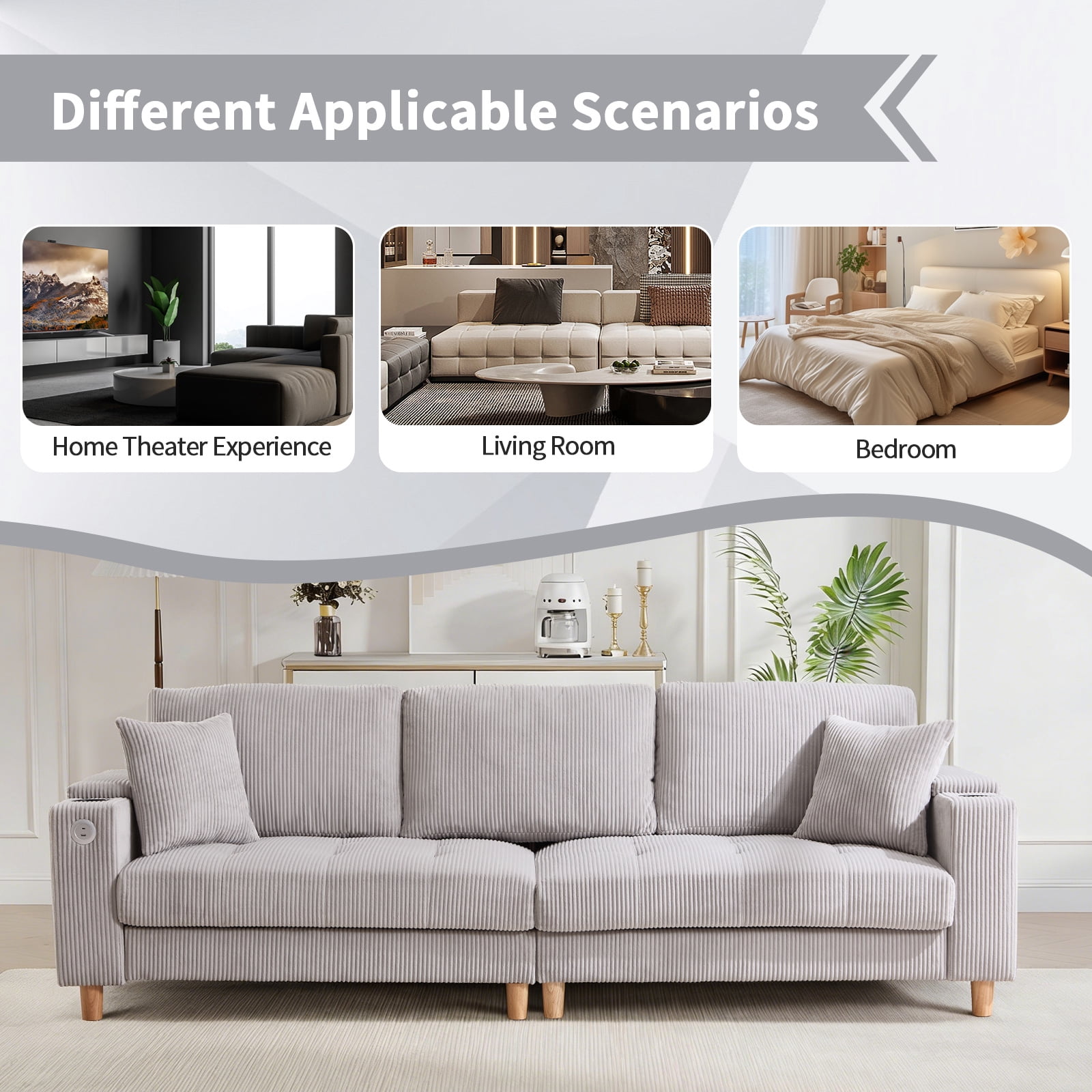 Bonzy Home 100 inch Modern Corduroy 3-Seater Sofa, Oversized Comfy Couch with USB Charging Port, Hidden Storage, Overstuffed Backrest & Throw Pillows, Gray